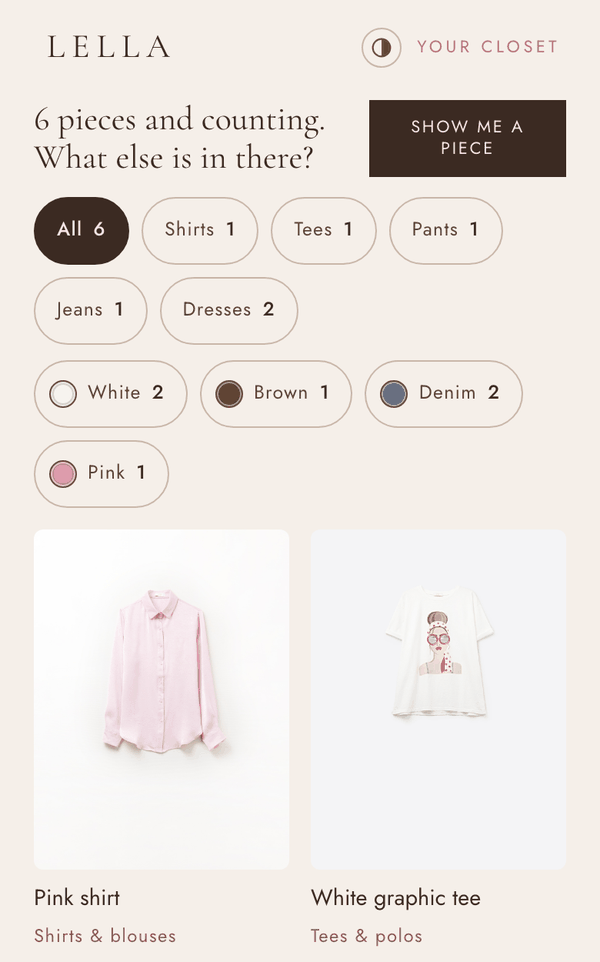 The closet screen: the shopper&rsquo;s own pieces sorted by category and color, with a pink shirt and a white graphic tee.