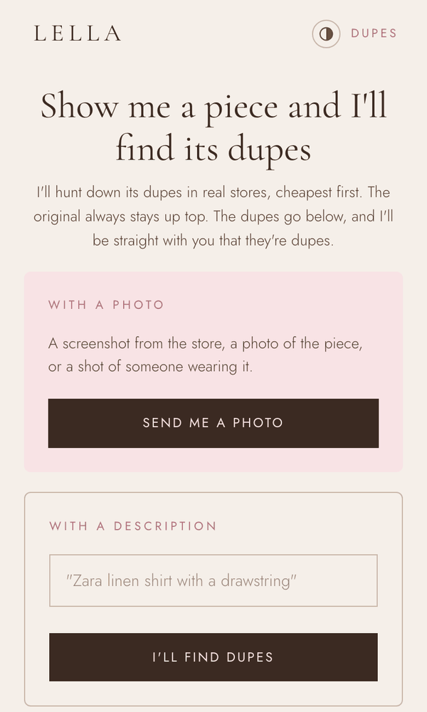The dupes tab: &ldquo;Show me a piece and I&rsquo;ll find its dupes&rdquo;, with a photo, a description or a link as the way in.